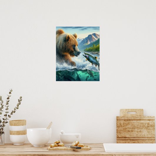 Grizzly Beren met staalforel zalm 16x20 Poster (Keuken)
