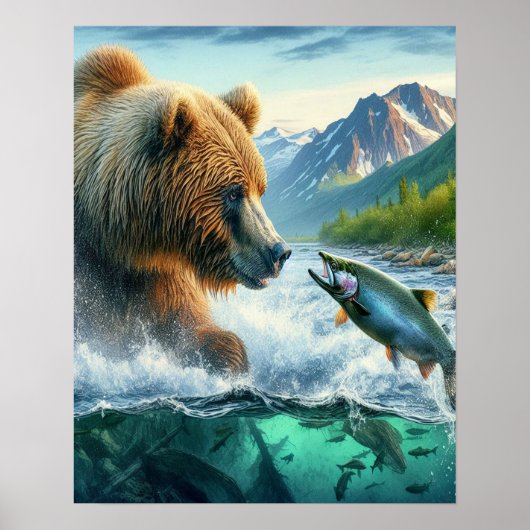 Grizzly Beren met staalforel zalm 16x20 Poster (Voorkant)