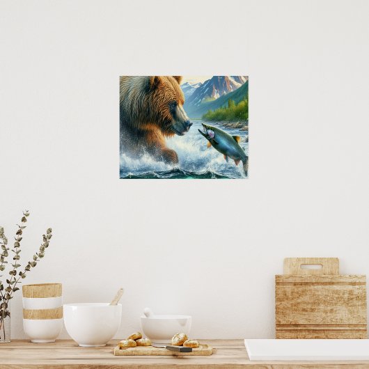 Grizzly Beren met staalforel zalm 16x20 Poster (Keuken)