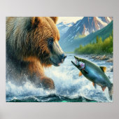 Grizzly Beren met staalforel zalm 16x20 Poster (Voorkant)