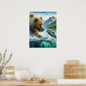 Grizzly Beren met staalforel zalm 18x24 Poster (Keuken)