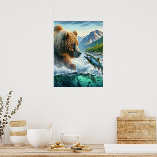 Grizzly Beren met staalforel zalm 18x24 Poster (Keuken)