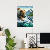 Grizzly Beren met staalforel zalm 18x24 Poster (Thuiskantoor)