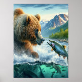 Grizzly Beren met staalforel zalm 18x24 Poster (Voorkant)
