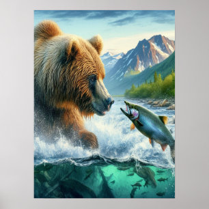 Grizzly Beren met staalforel zalm 18x24 Poster