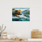 Grizzly Beren met steelhead forel zalm 24x18 Poster (Keuken)