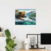 Grizzly Beren met steelhead forel zalm 24x18 Poster (Thuiskantoor)