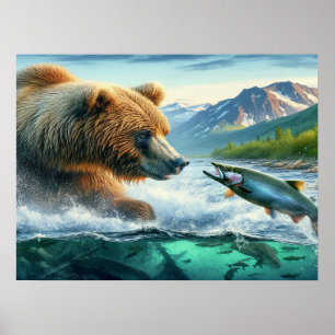 Grizzly Beren met steelhead forel zalm 24x18 Poster