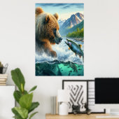 Grizzly Beren met steelhead forel zalm 24x36 Poster (Thuiskantoor)