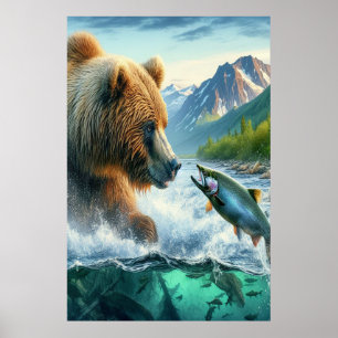 Grizzly Beren met steelhead forel zalm 24x36 Poster