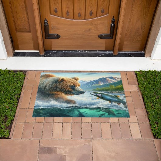 Grizzly Beren met steelhead forel zalm 36x24 Deurmat (Buiten)