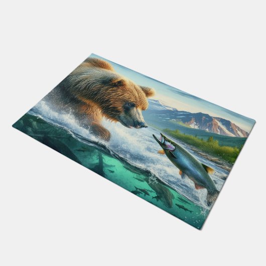 Grizzly Beren met steelhead forel zalm 36x24 Deurmat (Schuin)