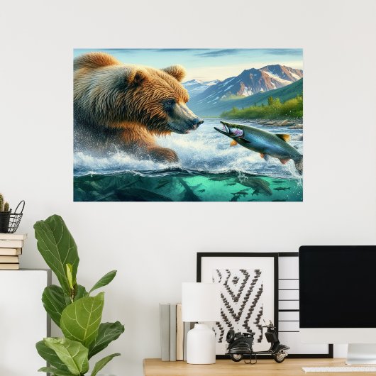Grizzly Beren met steelhead forel zalm 36x24 Poster (Thuiskantoor)