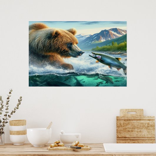 Grizzly Beren met steelhead forel zalm 36x24 Poster (Keuken)