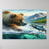 Grizzly Beren met steelhead forel zalm 36x24 Poster (Voorkant)