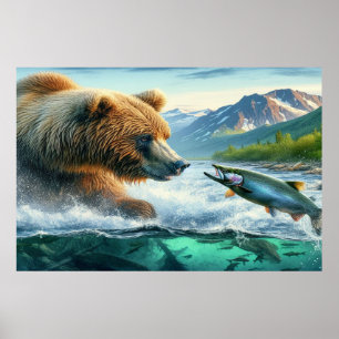 Grizzly Beren met steelhead forel zalm 36x24 Poster