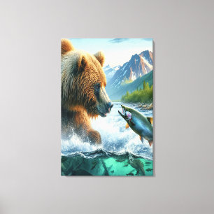 Grizzly Beren met steelhead forel zalm Canvas Afdruk