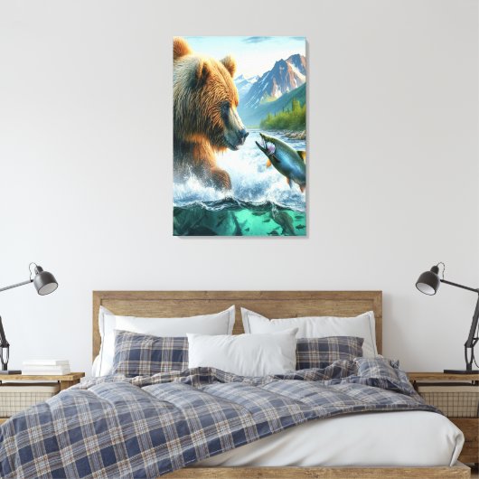 Grizzly Beren met steelhead forel zalm Canvas Afdruk (Insitu (Slaapkamer))