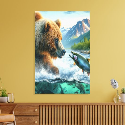 Grizzly Beren met steelhead forel zalm Canvas Afdruk (Insitu (Woonkamer))