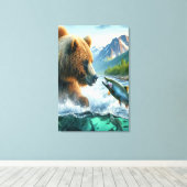 Grizzly Beren met steelhead forel zalm Canvas Afdruk (Insitu (Houten vloer))