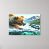Grizzly Beren met steelhead forel zalm Canvas Afdruk (Voorkant)