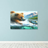 Grizzly Beren met steelhead forel zalm Canvas Afdruk (Insitu (Houten vloer))