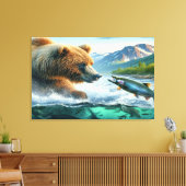 Grizzly Beren met steelhead forel zalm Canvas Afdruk (Insitu (Woonkamer))