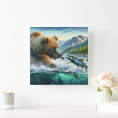Grizzly Beren met steelhead forel zalm horden Vierkante Klok (Huis)