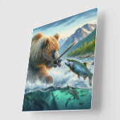 Grizzly Beren met steelhead forel zalm horden Vierkante Klok (Hoek)