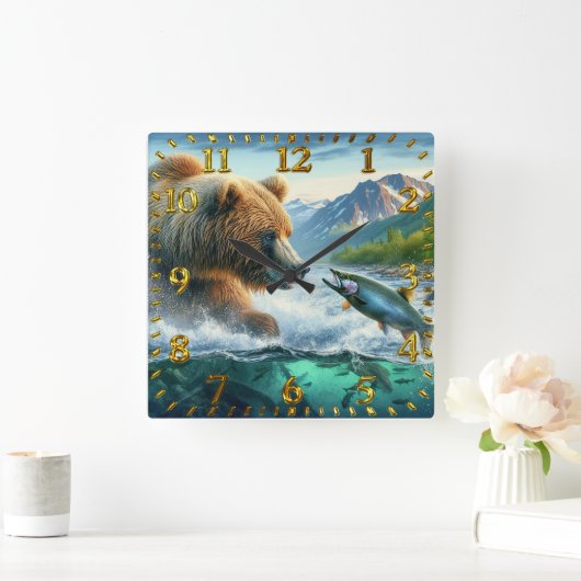 Grizzly Beren met steelhead forel zalm springen Vierkante Klok (Huis)