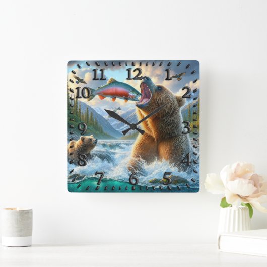 Grizzly Beren met steelhead forel zalm springen Vierkante Klok (Huis)