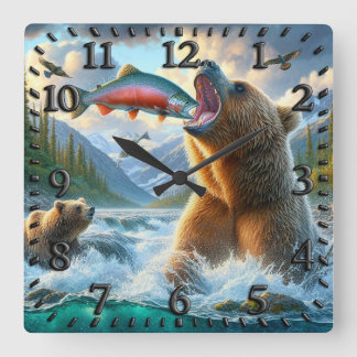 Grizzly Beren met steelhead forel zalm springen Vierkante Klok