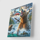Grizzly Beren met steelhead forel zalm springen Vierkante Klok (Hoek)