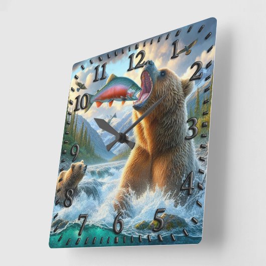 Grizzly Beren met steelhead forel zalm springen Vierkante Klok (Hoek)