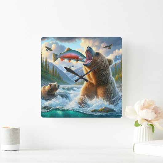 Grizzly Beren met steelhead forel zalm springen Vierkante Klok (Huis)