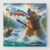 Grizzly Beren met steelhead forel zalm springen Vierkante Klok (Voorkant)