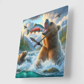 Grizzly Beren met steelhead forel zalm springen Vierkante Klok (Hoek)