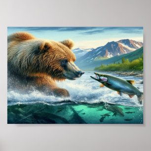 Grizzly Beren met stelelkop forel 7x5 Poster