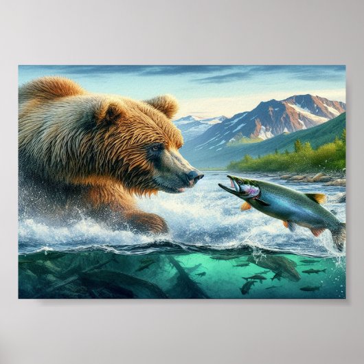 Grizzly Beren met stelelkop forel 7x5 Poster (Voorkant)