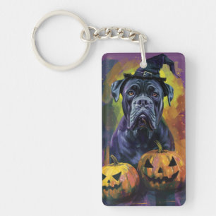 Grizzly Bullmastiff Hond Halloween Heks en Pompoen Sleutelhanger