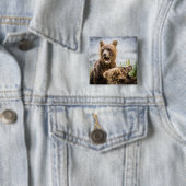 Grizzly Cubs die op zoek zijn naar hun moeder Vierkante Button 5,1 Cm (In situ)
