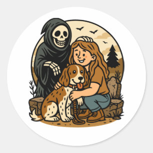 Grizzly Grim Reaper met meisje en hondenskelet kun Ronde Sticker