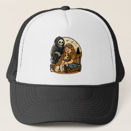 Grizzly Grim Reaper met meisje en hondskelet kunst Trucker Pet
