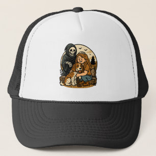 Grizzly Grim Reaper met meisje en hondskelet kunst Trucker Pet