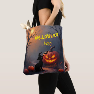 Grizzly Halloween Aanpasbare Kat en Pompoen Tote Bag