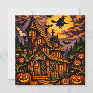 Grizzly Halloween-spookhuis met heks  Feestdagenkaart