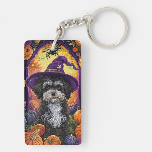Grizzly Havanese Hond Halloween Heks en Pompoen Sleutelhanger (achterkant)