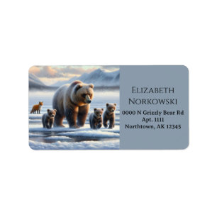 Grizzly Moeder Baby Beer Welpen Bevroren Meer Rode Etiket