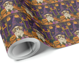 Grizzly Pekingese Hond Halloween Heks En Pompoen Cadeaupapier