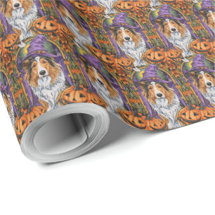 Grizzly Ruwharige Collie Hond Halloween Heks Pompo Cadeaupapier